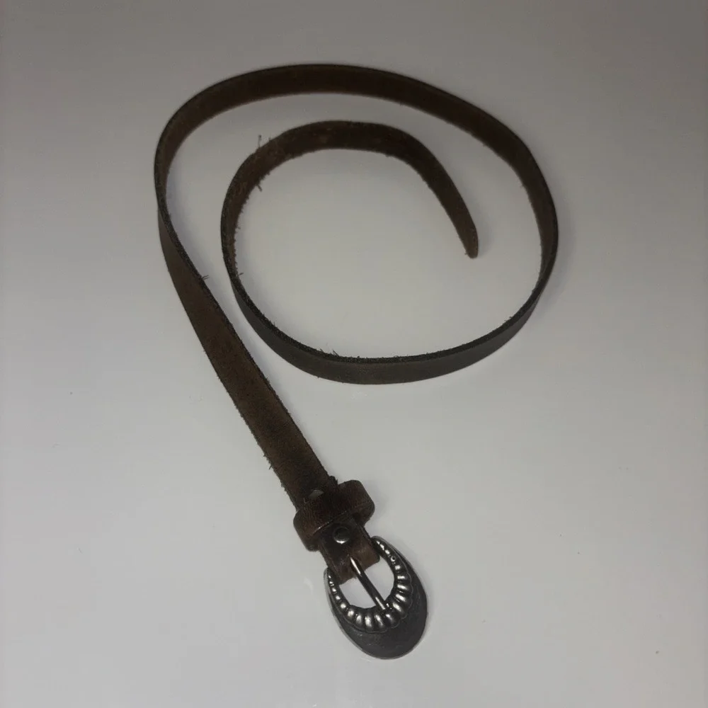 Vintage Brown Leather Skinny Belt Silver Etched Buckle Western Boho 30 Inch